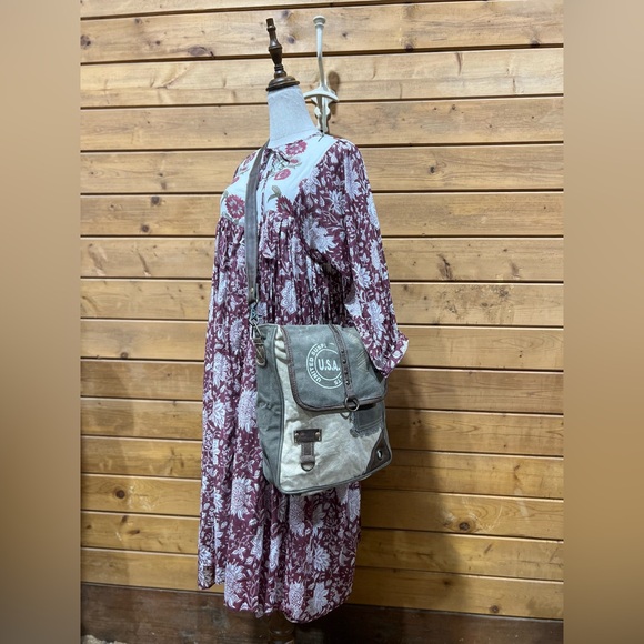 Myra Bag Crossbody Messenger – Canvas & Leather Military Stamp Rustic Boho Style - Picture 2 of 16